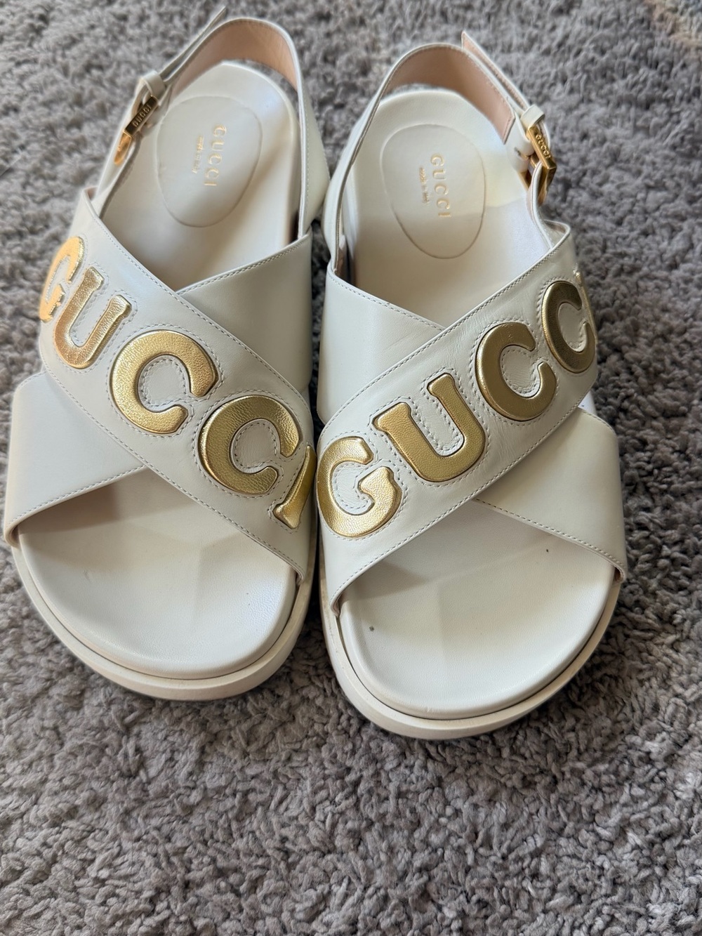 Gucci Cream Leather Cross-Strap Sandals with Gold Logo